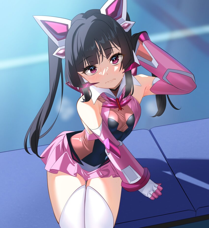 1girl absurdres arm_armor arm_up black_hair blush breasts elbow_gloves gloves hand_in_own_hair headgear highres leotard long_hair looking_at_viewer microskirt nyanmaru pink_eyes pink_leotard pink_skirt pleated_skirt senki_zesshou_symphogear sidelocks sitting skirt small_breasts solo sweat symphogear_pendant thigh_gap tsukuyomi_shirabe twintails wavy_mouth