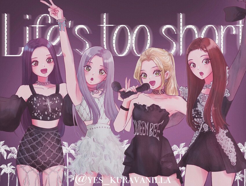 4girls aespa arm_up black_dress black_hair black_shorts blonde_hair bracelet choker commentary cowboy_shot detached_sleeves dress earrings english_commentary english_text eyelashes giselle_(aespa) grey_hair highres holding holding_microphone jewelry k-pop karina_(aespa) long_hair looking_at_viewer microphone multiple_girls necklace ningning_(aespa) open_mouth ponytail real_life short_hair shorts sidelocks smile strapless strapless_dress twitter_username v white_dress winter_(aespa) yes_kuravanilla