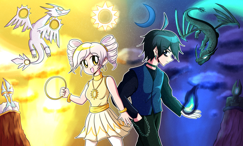 1boy 1girl ahoge commentary crescent_moon dragon drill_hair emo_fashion english_commentary fire highres holding lfzdude moon polar_opposites pyrokinesis self-upload skylanders spotlight spyro_(series) sun tagme twin_drills