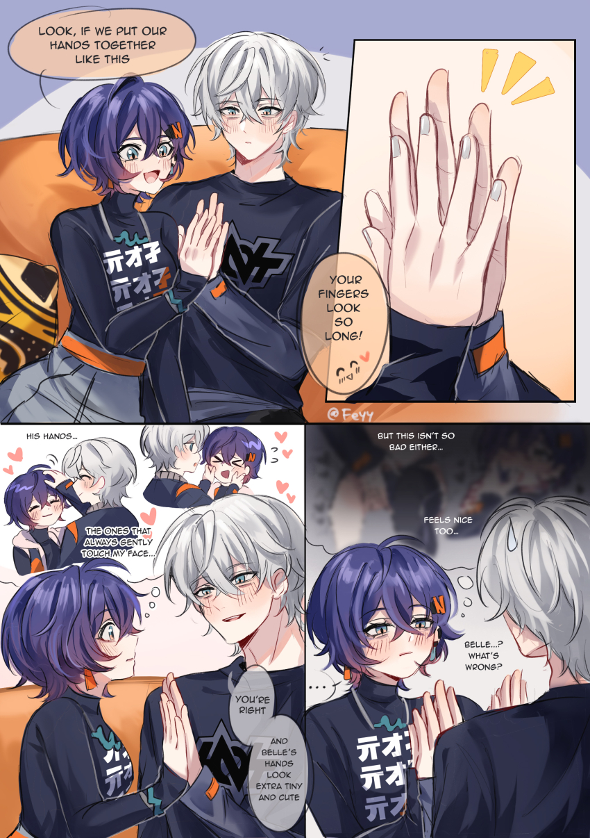 &gt;_&lt; ... 1boy 1girl :3 ^_^ absurdres artist_name belle_(zenless_zone_zero) black_jacket black_panties black_pants black_shirt black_thighhighs blue_hair blue_jacket blurry blush breasts brother_and_sister cheek_squash closed_eyes closed_mouth commentary_request couch crossed_bangs felichiii finger_in_another&#039;s_mouth green_eyes grey_skirt hair_between_eyes hand_on_another&#039;s_cheek hand_on_another&#039;s_face hand_on_another&#039;s_head headpat hetero highres holding_hands hood hooded_jacket imagining implied_fingering incest jacket licking licking_finger long_sleeves medium_breasts on_couch one_eye_closed open_mouth panties pants shirt short_hair siblings single_thighhigh skirt smile speech_bubble thighhighs thought_bubble underwear wise_(zenless_zone_zero) zenless_zone_zero