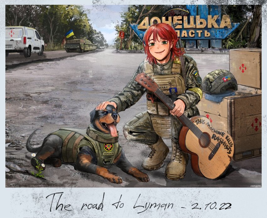 1boy acoustic_guitar akm androgynous assault_rifle boots box bullet_hole combat_boots dog donetsk_oblast flag flag_on_vehicle flower green_eyes guitar gun gunther_(mariverse) handgun helmet holding holding_guitar holding_instrument idi_nahui instrument kalashnikov_rifle kenneth_del_duca long_hair military_combat_uniform military_uniform original otaman_(mariverse) picture_frame polaroid_photo red_hair rifle road rottweiler russo-ukrainian_war smile soldier squatting street tactical_clothes trap ukraine ukrainian_flag ukrainian_ground_forces ukrainian_text usergore war weapon