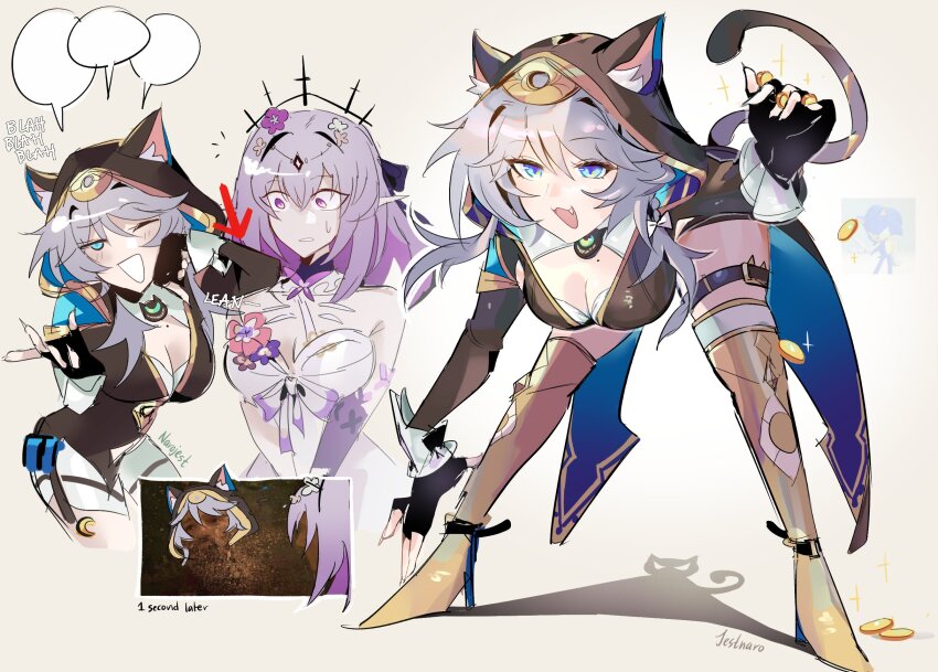 2girls animal_ears animal_hood avengers:_infinity_war avengers_(series) black_gloves black_jacket blah_blah_blah blue_eyes breasts castorice_(honkai:_star_rail) cat_ears cat_girl cipher_(honkai:_star_rail) cleavage dress fang fingerless_gloves gloves grey_hair highres honkai:_star_rail honkai_(series) hood hood_up jacket jestnaro marvel marvel_cinematic_universe medium_hair multiple_girls purple_dress purple_eyes purple_hair simple_background sonic_(series) sonic_the_hedgehog speech_bubble sweatdrop