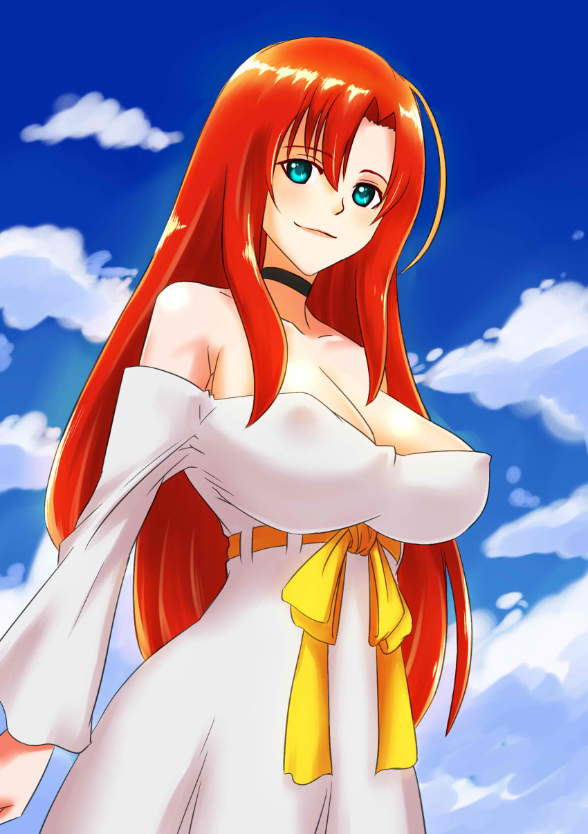 1girl absurdres black_choker blue_eyes boudica_(fate) boudica_(third_ascension)_(fate) breasts choker cleavage cloud cloudy_sky covered_erect_nipples day der_zweite dress fate/grand_order fate_(series) female_focus highres large_breasts light_smile long_hair looking_at_viewer looking_down off-shoulder_dress off_shoulder red_hair ribbon sky solo strapless strapless_dress white_dress yellow_ribbon