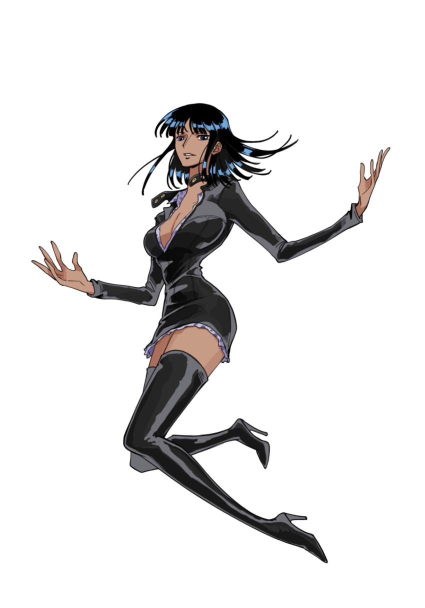 1girl black_boots black_dress blue_eyes blunt_bangs boots breasts cleavage dress floating_hair full_body guaguapiu high_heel_boots high_heels highres leather leather_boots leather_dress long_sleeves medium_breasts nico_robin nico_robin_(water_7) one_piece simple_background solo thigh_boots thighhighs white_background zettai_ryouiki
