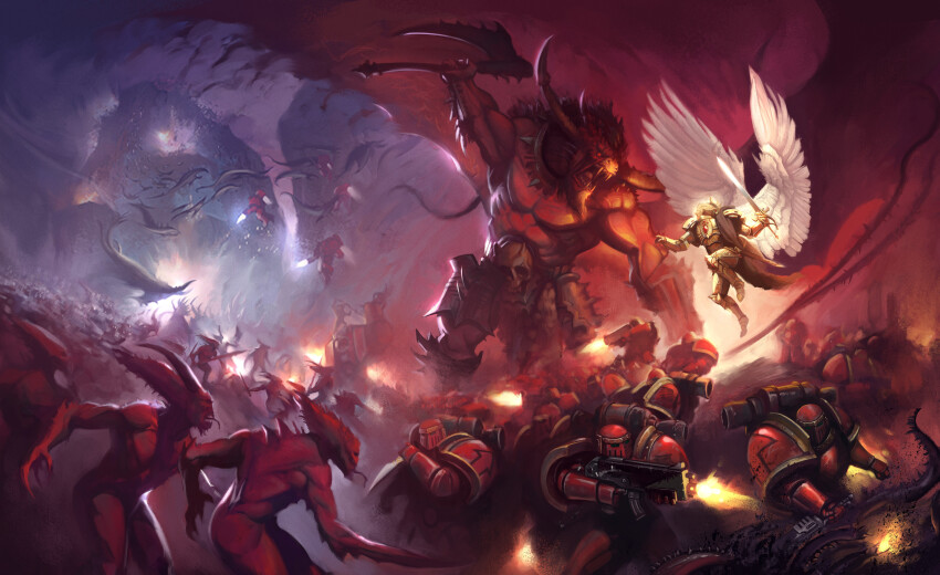 absurdres adeptus_astartes angel angel_wings armor armored_boots arrow_(symbol) battle battlefield blade_encarmine blonde_hair blood_angels bloodthirster bolter boots breastplate chain_axe chaos_(warhammer) commentary couter cuirass english_commentary firing flying from_side gauntlets gold_armor greater_demon_(warhammer) greaves highres holding holding_sword holding_weapon horns ka&#039;bandha khorne leg_armor male_focus medium_hair mountain outdoors pauldrons photoshop_(medium) poleyn power_armor primarch red_armor rerebrace sanguinius shoulder_armor sky solo_focus straight-on sword tentacles victor_fernandez warhammer_40k weapon wings