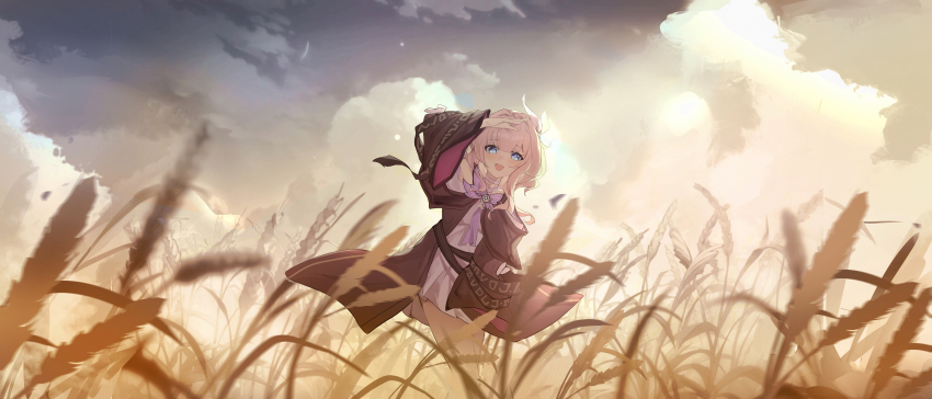 1girl absurdres blue_eyes bow bowtie chinese_commentary commentary_request cyrene_(honkai:_star_rail) dress hair_ornament highres honkai:_star_rail honkai_(series) medium_hair open_mouth pink_hair purple_bow purple_bowtie purple_dress siroka sky solo wheat_field yellow_sky