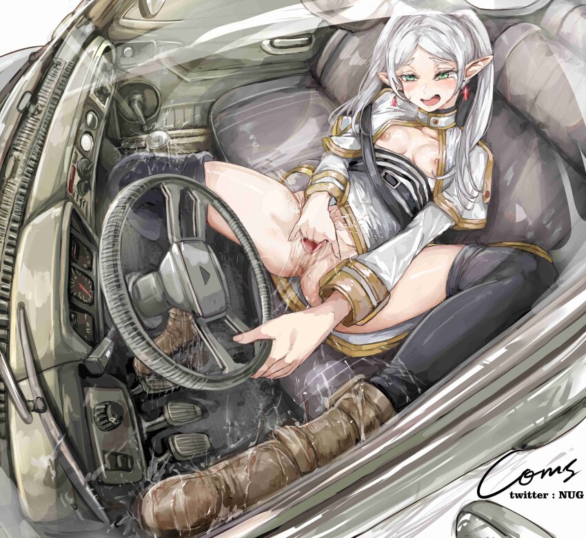 1girl absurdres black_thighhighs breasts breasts_out capelet car car_interior car_seat commission driving earrings elf female_ejaculation female_masturbation fingering frieren green_eyes grey_hair highres jewelry left-hand_drive long_hair long_sleeves lying masturbation motor_vehicle nipples nui_gurumi open_mouth parted_bangs pointy_ears pussy pussy_juice seatbelt small_breasts solo sousou_no_frieren steering_wheel teardrop_earrings thighhighs twintails vehicle_interior white_capelet white_hair