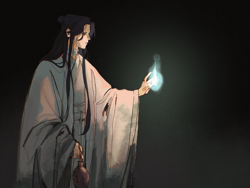 1boy bags_under_eyes bandaged_neck bandages black_background blood blood_on_hands brown_hair chinese_clothes hair_bun hanfu highres hitodama holding_jug long_hair long_sleeves looking_at_object male_focus parted_lips raccun7 russian_commentary sash solo string tianguan_cifu white_hanfu wide_sleeves xie_lian