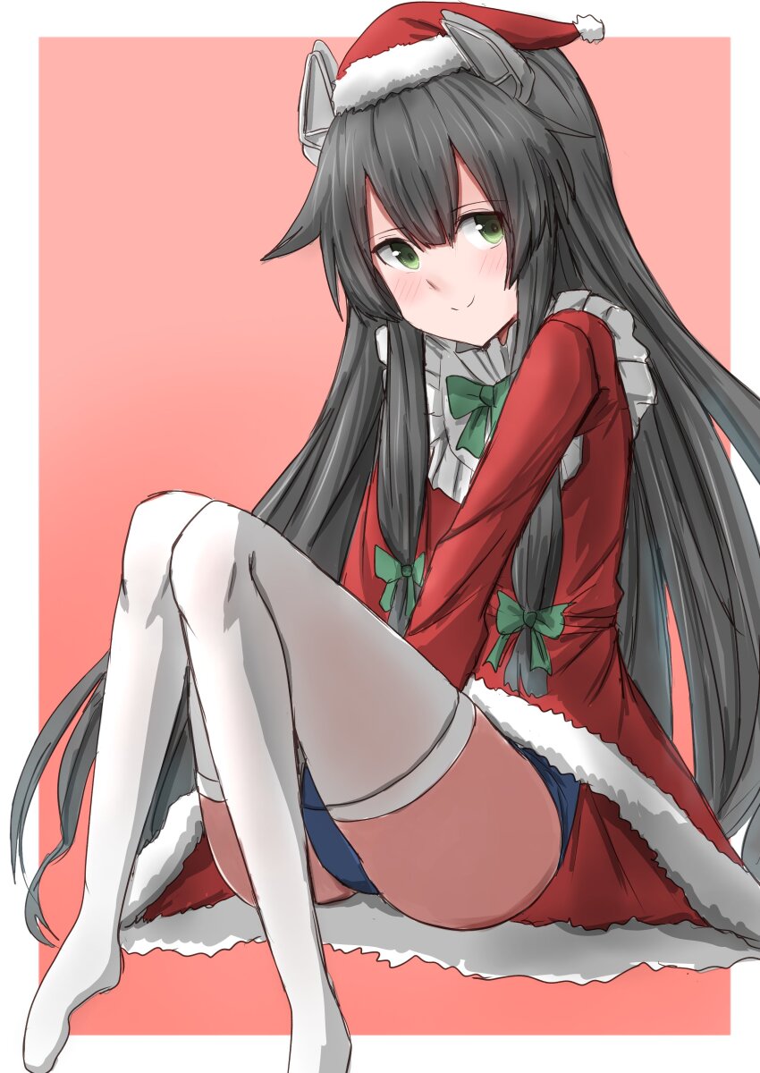 1girl absurdres black_hair dress green_eyes hair_ribbon highres i-47_(christmas)_(kancolle) i-47_(kancolle) kamaboko_senshi kantai_collection long_hair looking_at_viewer low-tied_long_hair official_alternate_costume one-piece_swimsuit red_dress ribbon santa_costume santa_dress school_swimsuit smile solo swimsuit swimsuit_under_clothes thighhighs tress_ribbon white_thighhighs