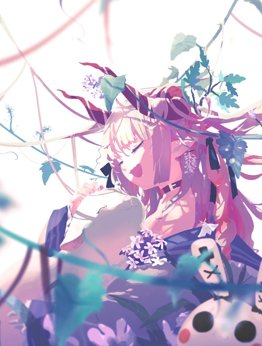 1girl animal animal_hug baby_animal bare_shoulders belt belt_buckle belt_collar black_bow blunt_bangs bow breasts buckle cleavage closed_eyes collar colored_inner_hair commentary curled_horns demon_horns dress english_commentary fang floating_hair flower frilled_sleeves frills grey_hair hair_bow happy highres horns l_c_ri_s_ps lamb long_hair long_sleeves makaino_ririmu multicolored_hair multiple_hair_bows nijisanji off-shoulder_dress off_shoulder open_mouth palm_leaf pink_hair plant purple_dress purple_flower red_belt red_horns sheep skin_fang smile solo stuffed_animal stuffed_rabbit stuffed_toy upper_body vines virtual_youtuber white_background wide_sleeves