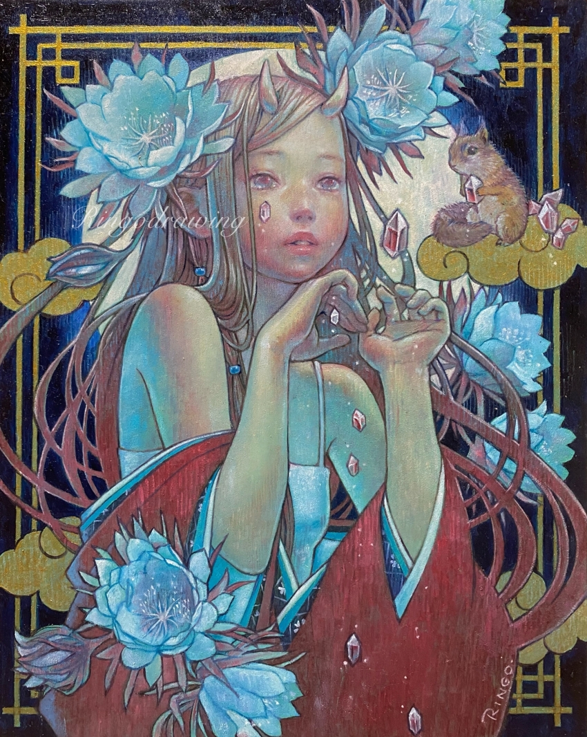 1girl absurdres bare_shoulders crying crying_with_eyes_open dress flower gem grey_eyes grey_hair highres horns long_hair oil_painting_(medium) original painting_(medium) parted_lips red_gemstone ringodrawing solo squirrel tears traditional_media upper_body very_long_hair white_dress