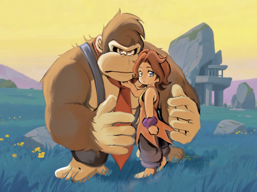1boy 1girl absurdres baggy_pants barefoot bracelet brown_hair donkey_kong donkey_kong_(series) donkey_kong_bananza glaring gorilla grass hand_on_another&#039;s_face highres jewelry necktie nintendo pants pauline_(mario) pauline_(young)_(mario) red_necktie serious sleeveless standing star_yoshi suspenders