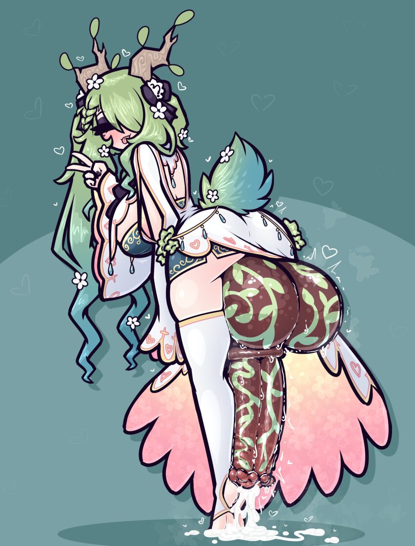 1futa :p absurdres animal_penis ass black_bow blush bow braid breasts ceres_fauna closed_eyes cum cumdrip dark_penis drop_shadow eyelashes flower from_behind futanari green_background green_hair hair_bow hair_flower hair_ornament heart highres hololive hololive_english horns horse_penis huge_penis huge_testicles large_breasts leaning_forward leaves limebreaker long_hair makeup mascara nail_polish penis penis_out shadow skindentation solo standing stirrup_legwear sweat tail testicles thighhighs toeless_legwear tongue tongue_out tucked_penis v very_long_hair virtual_youtuber white_thighhighs
