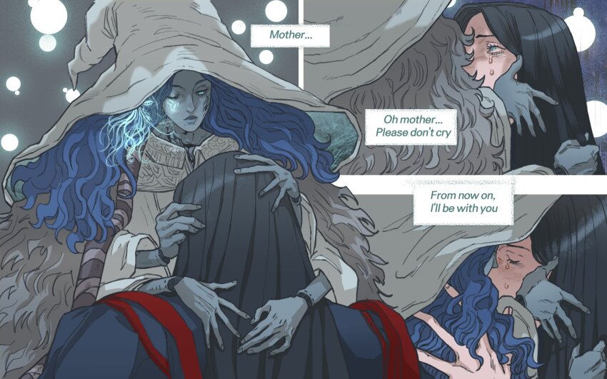 2girls black_hair blue_eyes blue_hair blue_skin blush cloak colored_skin comforting commentary cracked_skin crying crying_with_eyes_open doll_joints elden_ring english_commentary english_text extra_arms extra_faces fur_cloak hand_on_another&#039;s_face hand_on_another&#039;s_head hat highres joints large_hat marceline2174 mother_and_daughter multiple_girls one_eye_closed ranni_the_witch rennala_queen_of_the_full_moon tears witch_hat