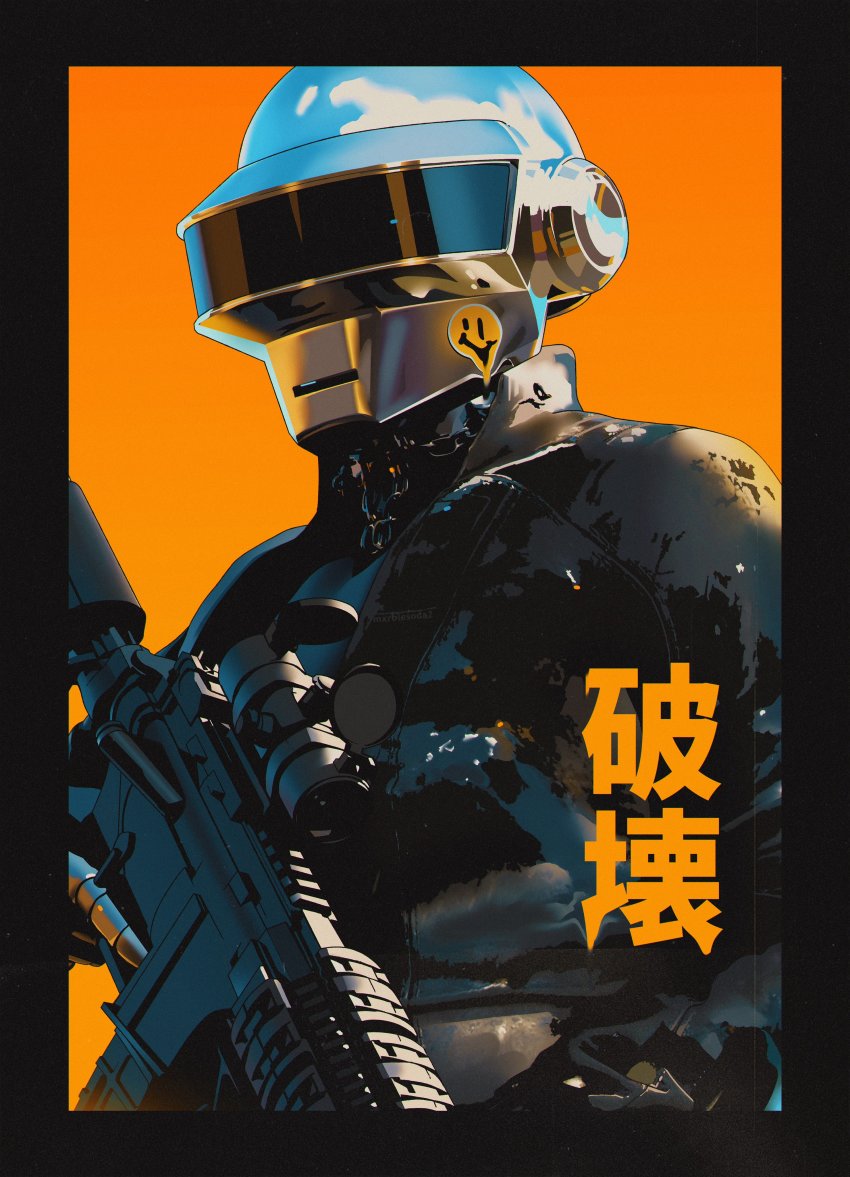 1boy absurdres assault_rifle black_border black_jacket border daft_punk gun helmet highres holding holding_gun holding_weapon jacket looking_ahead male_focus mawili rifle solo sticker thomas_bangalter trigger_discipline upper_body watchmen_(tv_series) weapon yellow_background