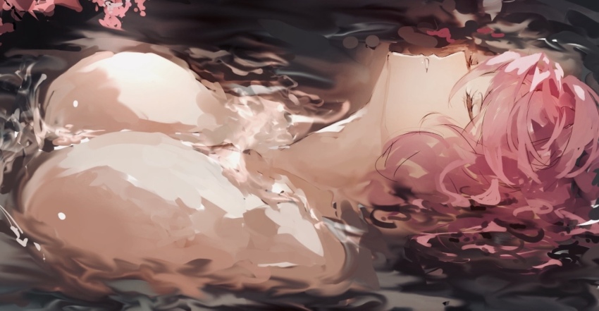 1girl closed_eyes floating no_nipples nude parted_lips partially_submerged pink_hair po_(anhk5528) saigyouji_yuyuko short_hair smile solo touhou