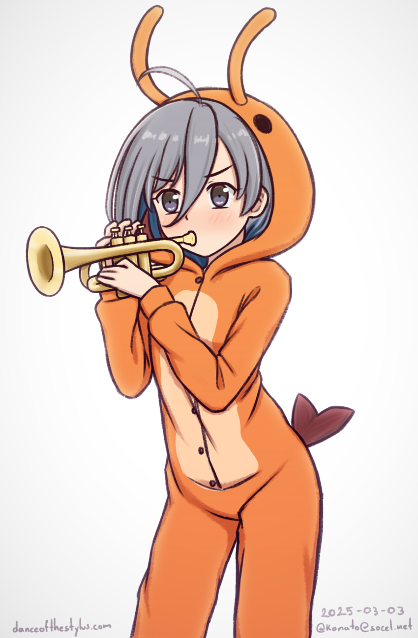 1girl alternate_costume animal_costume commentary_request cosplay dated feet_out_of_frame gradient_background grey_eyes grey_hair hair_between_eyes highres instrument kantai_collection kigurumi kiyoshimo_(kancolle) konato_k long_hair music partial_commentary playing_instrument shrimp_costume solo trumpet twitter_username watermark web_address white_background