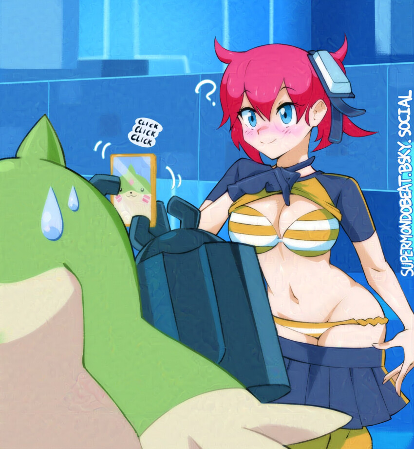 aiba_ami blue_eyes blush bra breasts cellphone digimon digimon_story:_cyber_sleuth galgomon goggles goggles_on_head highres large_breasts long_hair panties phone red_hair selfie sidetail smartphone striped_bra striped_clothes striped_panties supermondobeat sweatdrop taking_picture underwear undressing