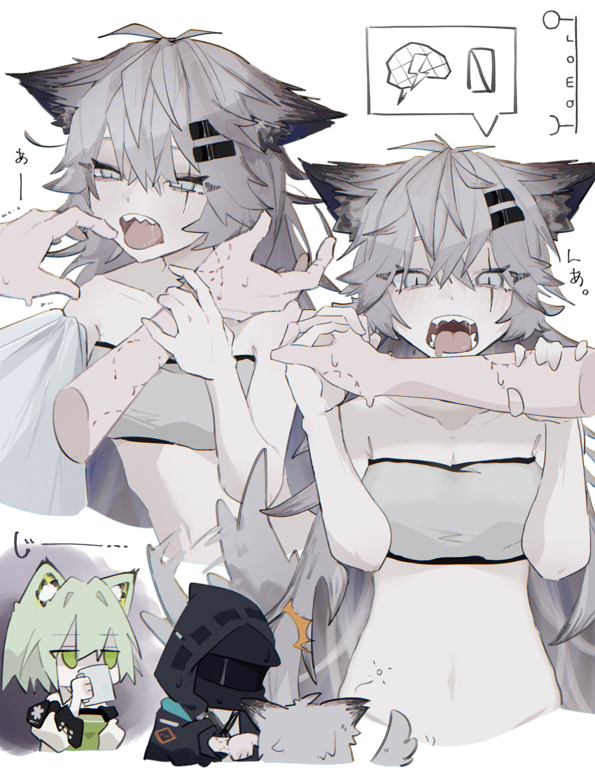 1other 2girls ^^^ absurdres animal_ears arknights bandeau bare_shoulders bite_mark bite_mark_on_arm bite_mark_on_hand breasts chibi cleavage collarbone commentary_request crop_top cup doctor_(arknights) grabbing_another&#039;s_arm green_eyes green_hair grey_bandeau grey_eyes grey_hair hair_between_eyes hair_ornament hairclip highres holding hood hood_up itoh_yamori jitome kal&#039;tsit_(arknights) lappland_(arknights) long_hair medium_breasts mug multiple_girls navel open_mouth scar scar_across_eye scar_on_face sharp_teeth short_hair sound_effects staring strapless teeth tongue tongue_out white_background wolf_ears wolf_girl