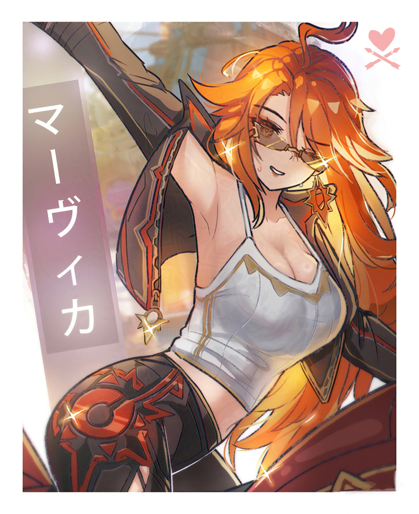 1girl absurdres alternate_costume arm_up breasts cleavage earrings flamestrider_(genshin_impact) genshin_impact highres jewelry large_breasts long_hair looking_at_viewer mavuika_(genshin_impact) multicolored_hair orange_eyes orange_hair red_hair smile solo sunglasses sweat valenthania very_long_hair