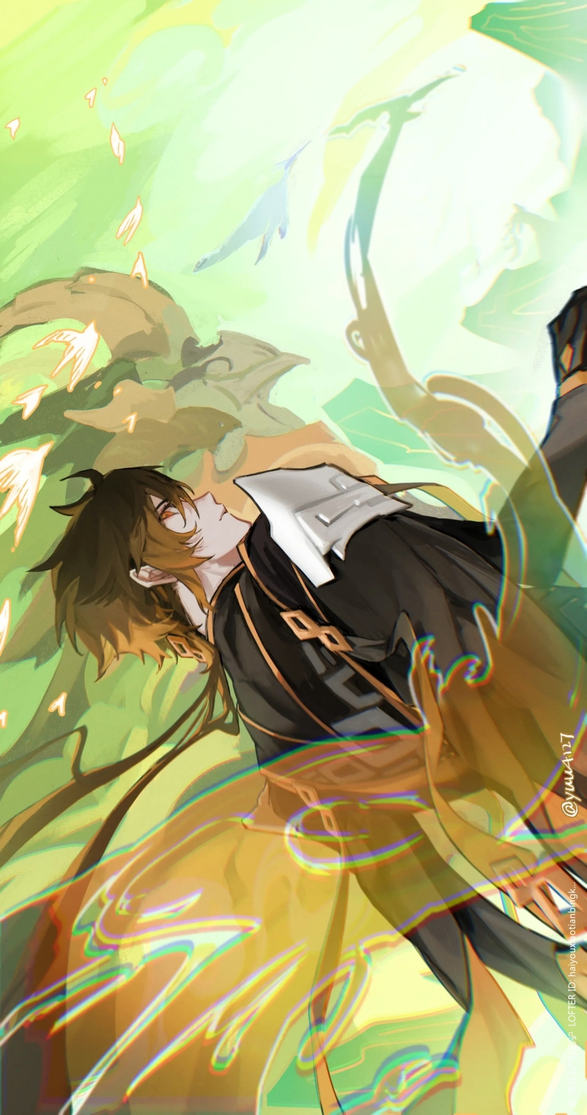 1boy 1other absurdres azhdaha_(genshin_impact) changpao chinese_clothes colorful_palette genshin_impact highres lofter lofter_logo lofter_username official_alternate_costume solo solo_focus yuu4127 zhongli_(genshin_impact)