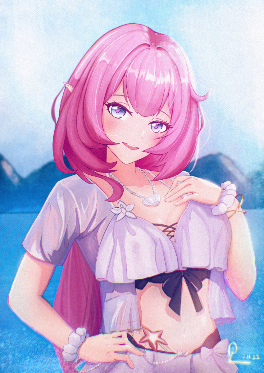 1girl absurdres bikini blue_eyes blue_sky commentary dated elf elysia_(honkai_impact) elysia_(miss_pink_elf)_(honkai_impact) elysia_(summer_miss_elf)_(honkai_impact) english_commentary highres honkai_(series) honkai_impact_3rd jewelry long_hair navel necklace ocean official_alternate_costume parted_lips pink_hair pointy_ears qleo scrunchie shell shell_necklace sky solo stomach swimsuit white_bikini wrist_scrunchie