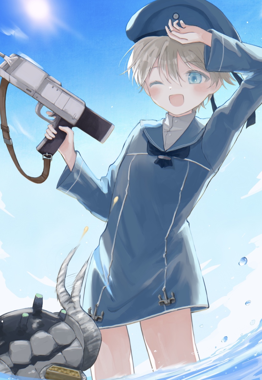 1girl absurdres beans blue_dress blue_eyes blue_hat blue_sailor_collar blue_sky blush cloud commentary_request day dress enemy_naval_mine_(kancolle) grey_hair hat highres holding kantai_collection long_sleeves masu one_eye_closed open_mouth outdoors sailor_collar sailor_dress sailor_hat short_hair sky solo suihell tentacles wading water z1_leberecht_maass_(kancolle)