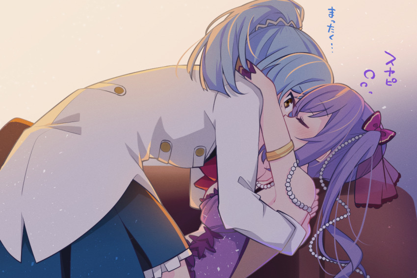 2girls arm_around_neck arm_up armlet assault_lily bare_shoulders blue_hair blue_skirt blunt_ends blush bow bowtie breasts carrying carrying_person closed_eyes commentary_request couch covered_mouth cowboy_shot dress face-to-face facing_another frilled_skirt frills from_side gloves gradient_background grey_background hair_bow hair_ornament hands_on_another&#039;s_back herensuge_girls_academy_school_uniform high_ponytail jewelry leaning_forward light_particles long_sleeves looking_at_another lying makino_mitake matsumura_fuuka medium_breasts miniskirt morugen multiple_girls official_alternate_costume on_back on_couch orange_background pearl_hair_ornament pink_bow ponytail profile purple_dress purple_gloves purple_hair red_bow red_bowtie school_uniform see-through_clothes short_hair sideless_dress skirt sleeping sleeveless sleeveless_dress squeans standing twintails two-tone_background yellow_eyes yuri