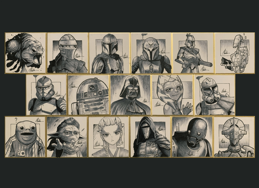 3girls 5health 6+boys ? ahsoka_tano alien animification b2_battle_droid bo-katan_kryze braid captain_rex character_request clone_trooper commander_wolffe commission darth_vader din_djarin droid fennec_shand frown hair_behind_ear highres humanoid_robot k-2so long_hair long_pointy_ears looking_at_viewer mandalorian multiple_boys multiple_girls open_mouth photo_(medium) pointy_ears r2-d2 radio_antenna rancor robot signature star_wars star_wars:_clone_wars star_wars:_the_clone_wars star_wars:_the_phantom_menace the_mandalorian waving yaddle