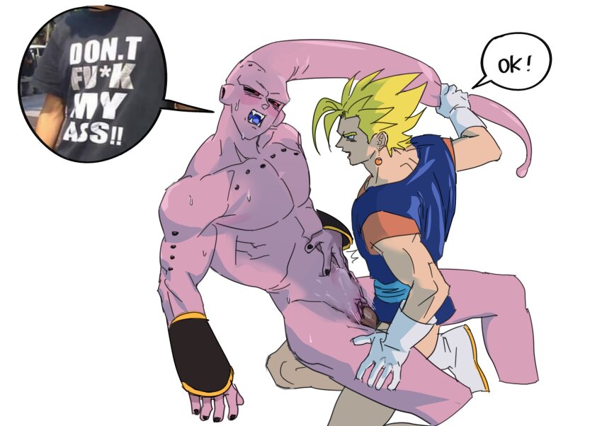 1boy 1cuntboy black_nails black_sclera blonde_hair blush clitoris colored_sclera colored_skin cuntboy dragon_ball dragonball_z earrings gloves height_difference jewelry large_penis linisthename looking_at_another majin_buu muscular muscular_male nude open_mouth pectorals penis pink_skin potara_earrings pussy red_eyes sex speech_bubble stomach_bulge super_buu super_saiyan sweat vaginal vegetto white_background yaoi