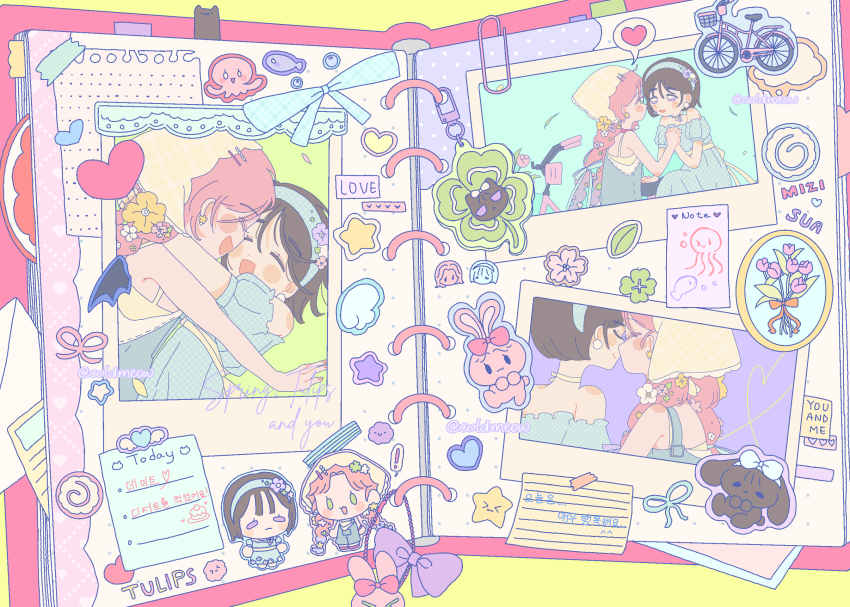 2girls alien_stage bandana bicycle bicycle_basket black_hair blue_dress blue_hairband blue_overalls braid character_name chibi chinese_commentary choker closed_eyes coldmeow commentary_request dress flower gingham_dress gingham_hairband green_eyes hair_flower hair_ornament hair_ribbon hairband heart highres holding_hands hug korean_text long_dress long_hair mizi_(alien_stage) multiple_girls off-shoulder_dress off_shoulder open_mouth overalls photo_(object) pink_choker pink_flower pink_hair pink_tulip purple_background purple_eyes ribbon scrapbook short_hair signature sitting smile sticker sua_(alien_stage) translation_request tulip twin_braids white_choker white_flower yellow_bandana yellow_flower yellow_tulip yuri