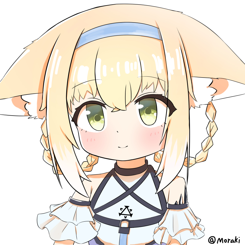 1girl absurdres arknights bare_shoulders blonde_hair blue_hairband braid closed_mouth frills green_eyes hairband highres light_blush material_growth moraki0718_(aoxiaoku) multicolored_hair oripathy_lesion_(arknights) short_hair simple_background smile solo streaked_hair suzuran_(arknights) white_background white_hair
