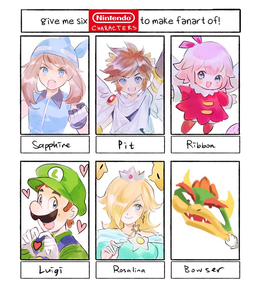 3boys 3girls aubz blonde_hair blue_eyes bowser brown_hair character_name clenched_hand company_connection crown english_text fairy fairy_wings fang gloves green_headwear green_shirt hair_behind_ear hair_over_one_eye heart heart_hands highres holding holding_wand kid_icarus kid_icarus_uprising kirby kirby_(series) kirby_64 logo luigi luma_(mario) mario_(series) mario_party may_(pokemon) multiple_boys multiple_drawing_challenge multiple_girls nintendo one_eye_covered open_mouth pit_(kid_icarus) pokemon pokemon_rse ribbon_(kirby) rosalina shirt six_fanarts_challenge smile super_mario_64 super_mario_galaxy v-shaped_eyebrows wand white_gloves wings