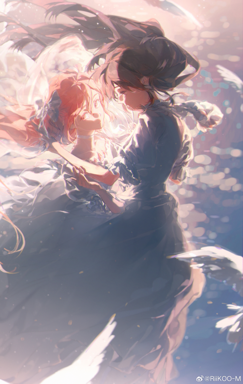 2girls absurdres akemi_homura akemi_homura_(black_dress) bird black_hair black_hairband bow chest_jewel chinese_commentary choker closed_mouth collarbone collared_dress commentary_request crying crying_with_eyes_open dove dress eyelashes feet_out_of_frame floating_clothes floating_hair frilled_dress frilled_sleeves frills from_side gem gown hair_bow hairband hand_in_another&#039;s_hair hand_on_another&#039;s_arm highres holding_veil kaname_madoka light_particles long_dress long_hair mahou_shoujo_madoka_magica mahou_shoujo_madoka_magica:_hangyaku_no_monogatari multiple_girls ocean outdoors pink_gemstone pink_hair puffy_short_sleeves puffy_sleeves purple_eyes riko-m see-through_clothes see-through_veil short_sleeves sitting sunset tears two_side_up ultimate_madoka veil very_long_hair watermark weibo_watermark white_bow white_choker white_dress white_veil wind yuri