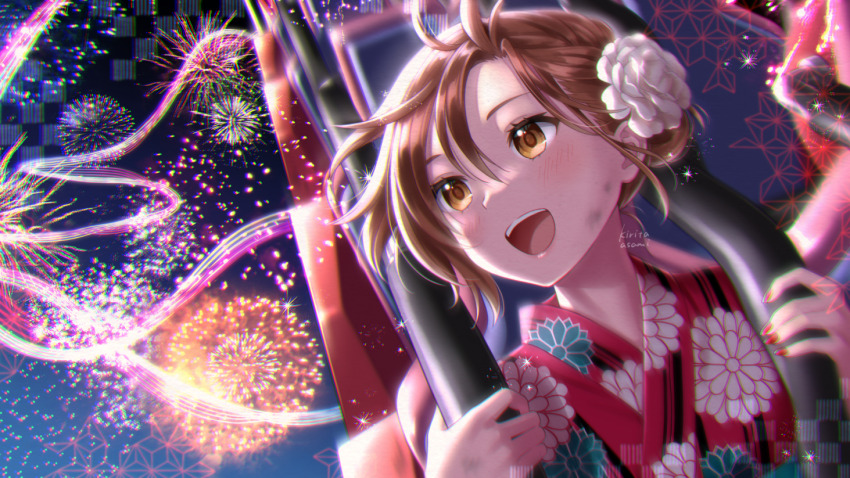 1girl aerial_fireworks blush brown_eyes brown_hair commentary dirty dirty_face fireworks flower hair_bun hair_flower hair_ornament holding japanese_clothes kimono kirita_asami looking_away looking_to_the_side meiko_(vocaloid) nail_polish night night_sky open_mouth outdoors roller_coaster short_hair sky smile solo vocaloid yukata