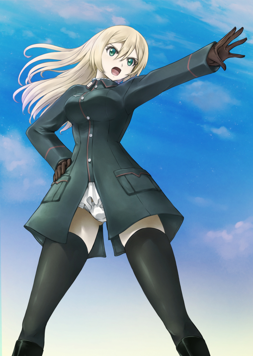 1girl absurdres black_thighhighs blonde_hair blush breasts from_below green_eyes heinrike_prinzessin_zu_sayn-wittgenstein highres large_breasts long_hair memory_(prophet5) military_uniform noble_witches open_mouth outdoors panties sky solo thighhighs underwear white_panties world_witches_series
