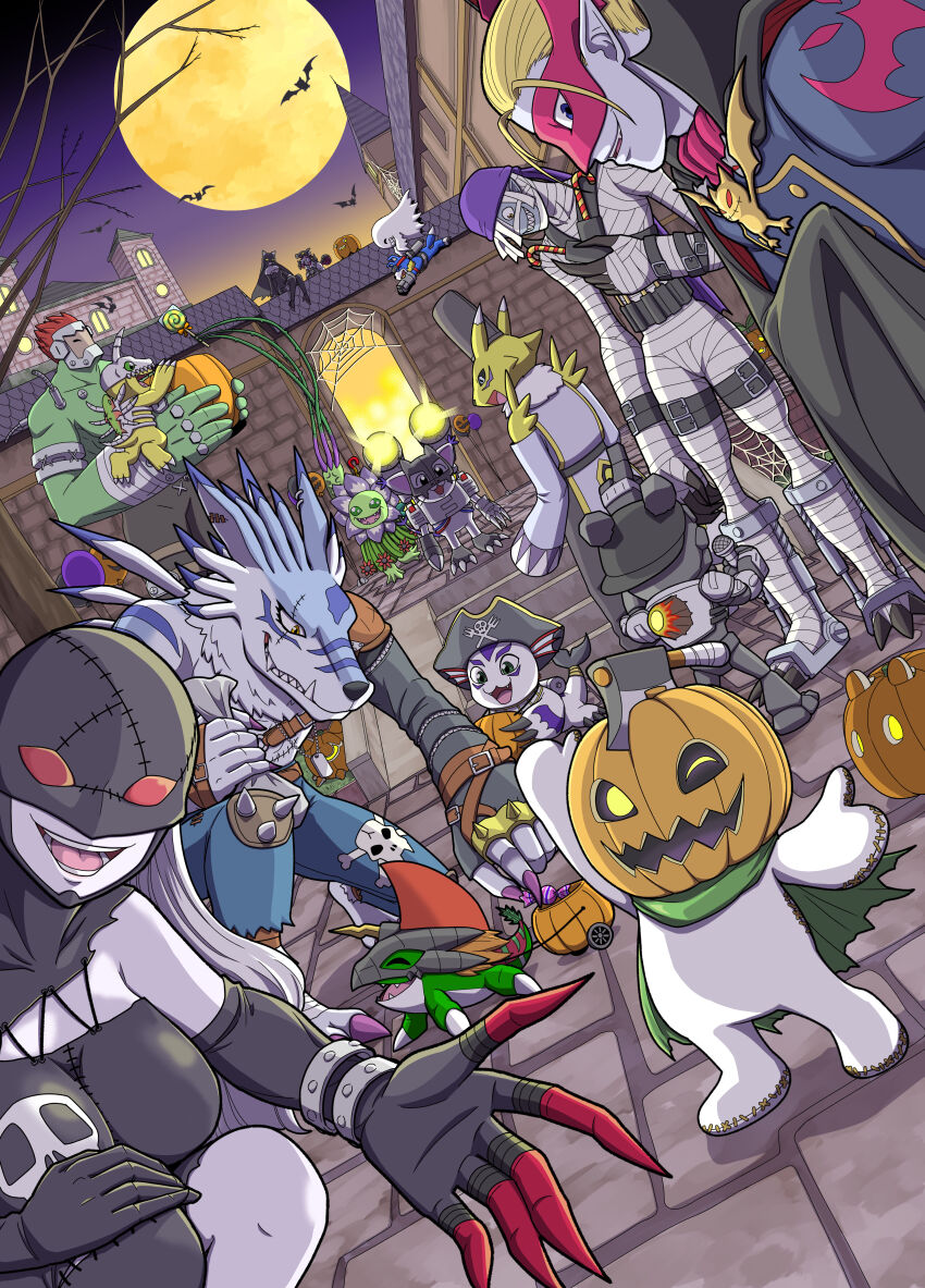 absurdres agumon animal_mask axe bakemon betamon blossomon blossomon_(cosplay) boltmon cat_mask cerberumon cerberumon_(cosplay) cosplay costume digimon digimon_(creature) gaomon gomamon gottsumon halloween halloween_costume hat highres labramon ladydevimon looking_at_viewer machgaogamon machgaogamon_(cosplay) mask mermaimon mermaimon_(cosplay) mugendramon mugendramon_(cosplay) mummymon narome_and_levy nun one_eye_closed palmon pirate_hat poyomon pumpmon renamon sistermon_noir sistermon_noir_(awaken) skullgreymon skullgreymon_(cosplay) smile tailmon taomon taomon_(cosplay) vamdemon volcamon volcamon_(cosplay) waruseadramon waruseadramon_(cosplay) weregarurumon wink