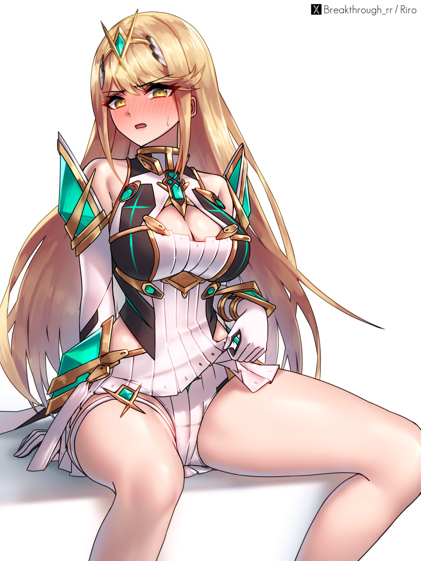 1girl absurdres blonde_hair blush breasts circlet cleavage cleavage_cutout clothing_cutout commentary core_crystal_(xenoblade) dress elbow_gloves gloves highres invisible_chair large_breasts lifting_own_clothes long_hair looking_at_viewer mythra_(xenoblade) open_mouth panties riro_(breakthrough_rr) simple_background sitting solo thigh_strap underwear very_long_hair white_background white_dress white_gloves white_panties xenoblade_chronicles_(series) xenoblade_chronicles_2 yellow_eyes