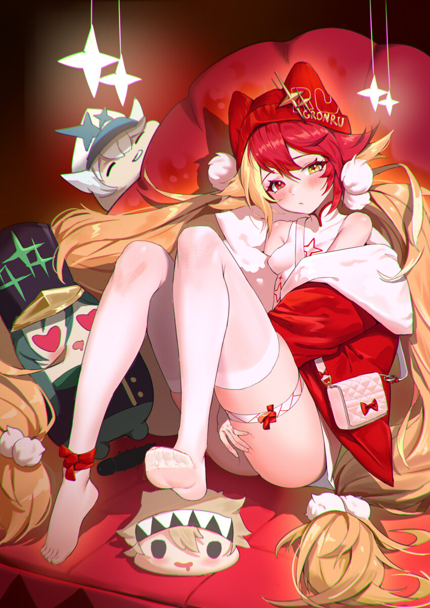 1girl absurdres alchemy_stars bag blonde_hair blush breasts ceiling_light character_doll character_name chromatic_aberration closed_mouth coat doll dress full_body gronru_(alchemy_stars) gronru_(naughty_or_nice)_(alchemy_stars) hair_between_eyes hair_spread_out hand_on_own_ass handbag heterochromia highres insignia knees_up long_bangs long_hair migard_(alchemy_stars) multicolored_hair navigator_(alchemy_stars) philyshy_(alchemy_stars) red_background red_coat red_eyes red_headwear sitting skindentation sleeveless sleeveless_dress small_breasts soles solo star-shaped_pupils star_(symbol) symbol-shaped_pupils thighhighs toes twintails two-tone_hair very_long_hair white_dress white_thighhighs xuxuxu yellow_eyes