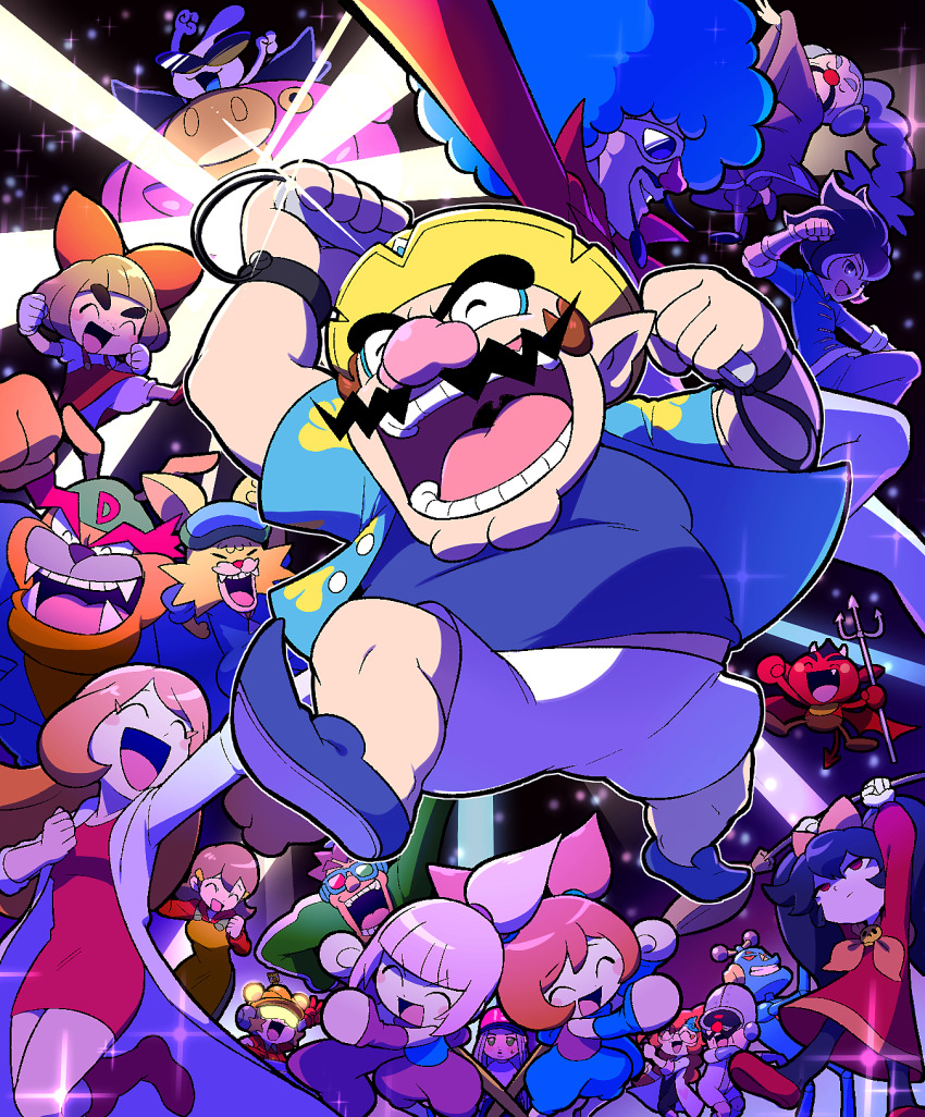 13-amp 18-volt 5-volt 6+boys 6+girls 9-volt ana_(warioware) ashley_(warioware) big_nose black_hair blue_footwear blue_shirt bow brown_hair closed_eyes coat demon double_bun dr._crygor dress dribble_(warioware) facial_hair fronk hair_bun highres holding holding_pitchfork hoshi_(star-name2000) jimmy_t kat_(warioware) lulu_(warioware) master_mantis mike_(warioware) mona_(warioware) multiple_boys multiple_girls mustache nintendo open_mouth orbulon penny_crygor pink_hair pitchfork pointy_ears red_(warioware) red_bow red_dress red_eyes shirt shorts spitz sunglasses wario warioware warioware:_move_it! white_coat white_shorts young_cricket