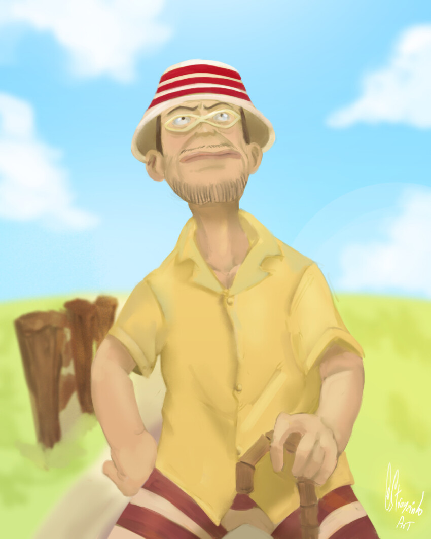 1boy brown_hair cane closed_mouth cloud cloudy_sky day facial_hair glasses hat highres holding holding_cane looking_up one_piece shirt short_hair short_sleeves signature sky solo stick strayzinho striped_clothes striped_headwear woop_slap yellow_shirt