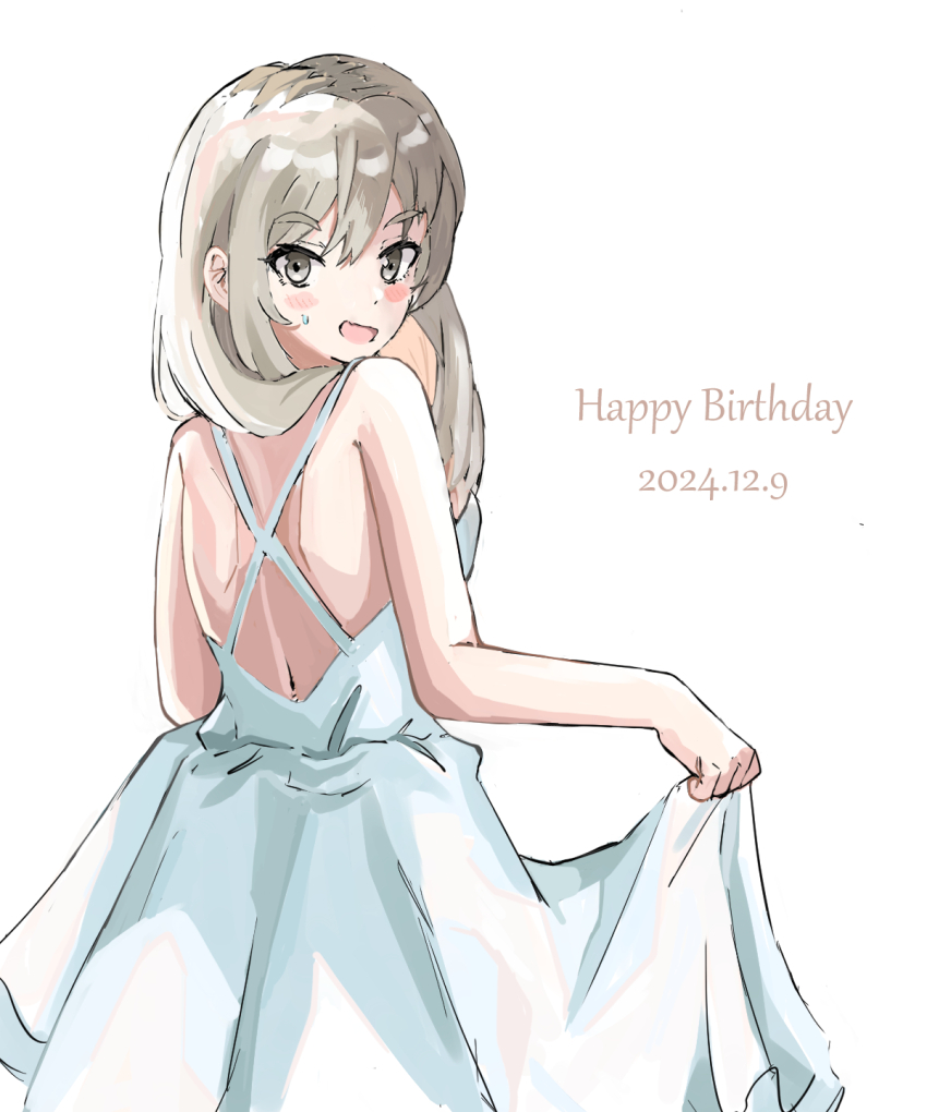 1girl blush commentary dated dress girls_band_cry grey_eyes grey_hair hair_between_eyes happy_birthday highres kawaragi_momoka long_hair looking_at_viewer multicolored_hair open_mouth roots_(hair) sagittarius_(cruxhkg) sidelocks simple_background skirt_hold solo white_background white_dress