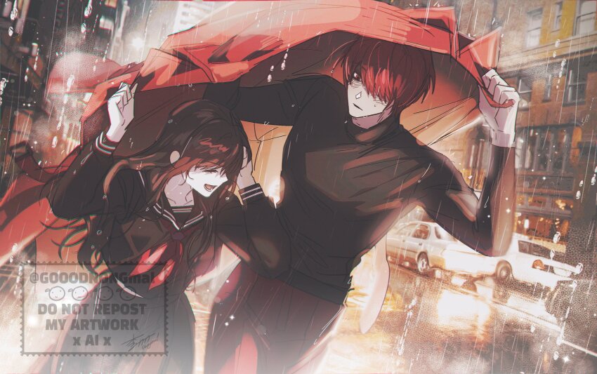 1boy 1girl brown_hair car city closed_eyes coat commentary_request cowboy_shot gooodnongmal hair_over_one_eye heroine_(homicipher) hetero highres homicipher improvised_umbrella korean_commentary long_hair looking_at_another motor_vehicle mr._scarletella outdoors photo_background rain red_coat red_eyes red_hair running school_uniform serafuku shared_improvised_umbrella short_hair turtleneck