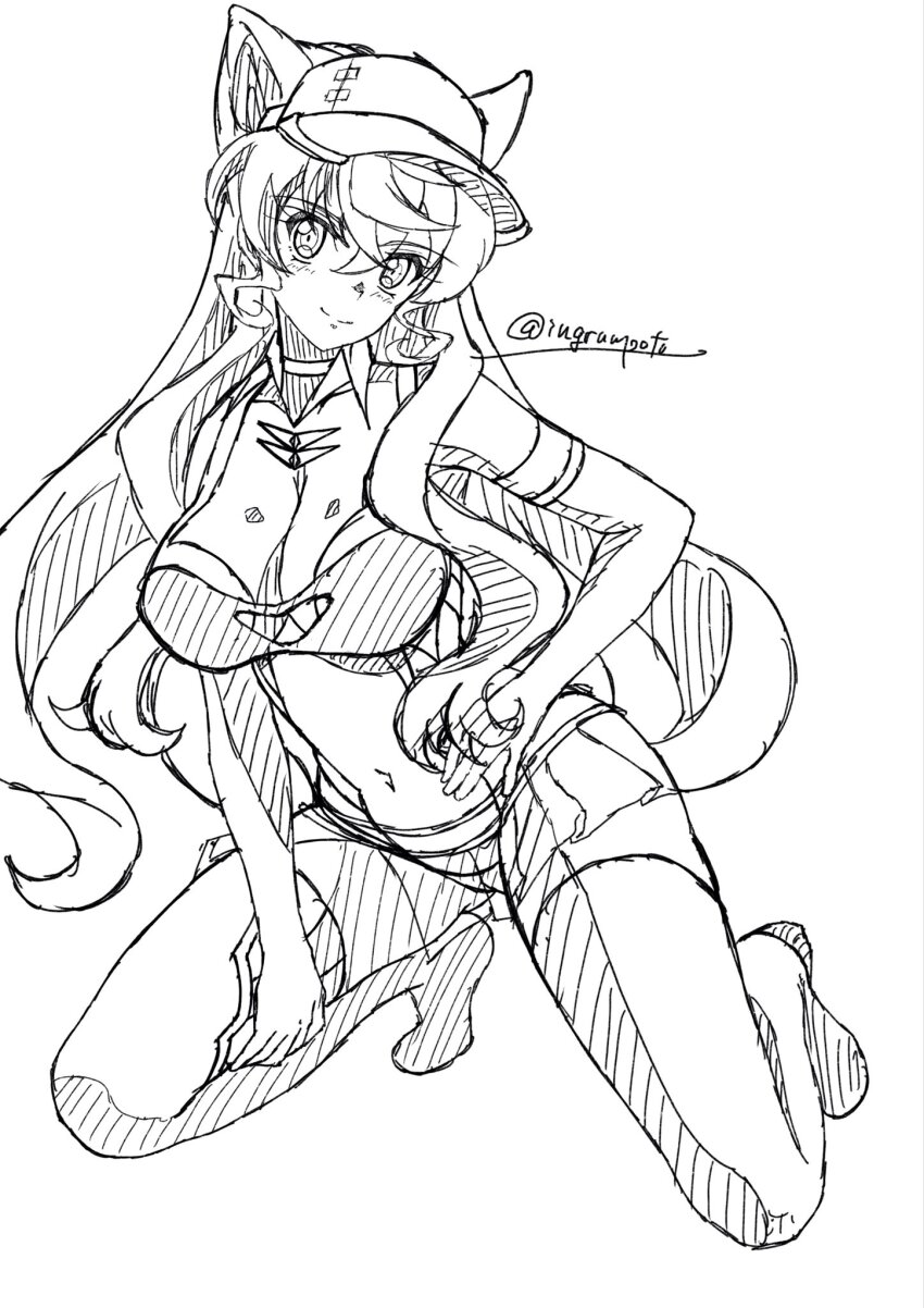 1girl breasts cleavage greyscale hair_between_eyes hat highleg highres kyomeihibiki large_breasts long_hair looking_at_viewer maria_cadenzavna_eve monochrome navel race_queen senki_zesshou_symphogear smile solo squatting thighhighs very_long_hair