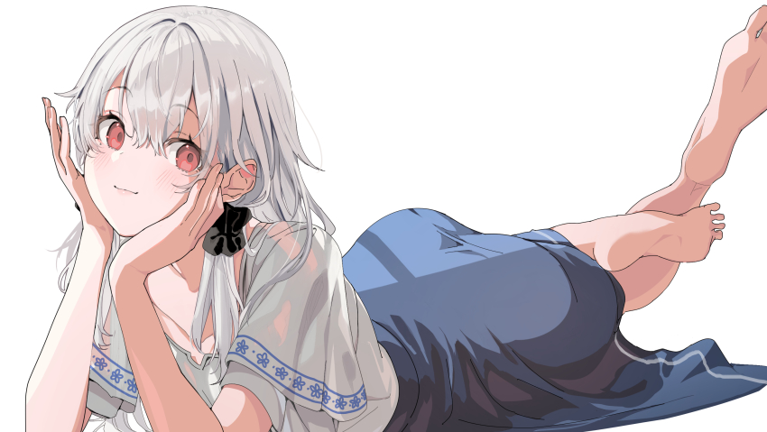 1girl ass bare_arms barefoot black_scrunchie blouse blue_skirt blush closed_mouth double-parted_bangs feet hair_between_eyes hair_ornament hair_scrunchie hakuchuumu_no_aojashin hands_on_own_cheeks hands_on_own_face hands_up highres long_hair looking_at_viewer looking_to_the_side lying official_art on_stomach raised_eyebrows red_eyes scrunchie shimofuri shirt short_sleeves sideways_glance simple_background skirt smile solo two_side_up white_background white_hair white_shirt yonagi_(hakuchuumu_no_aojashin)