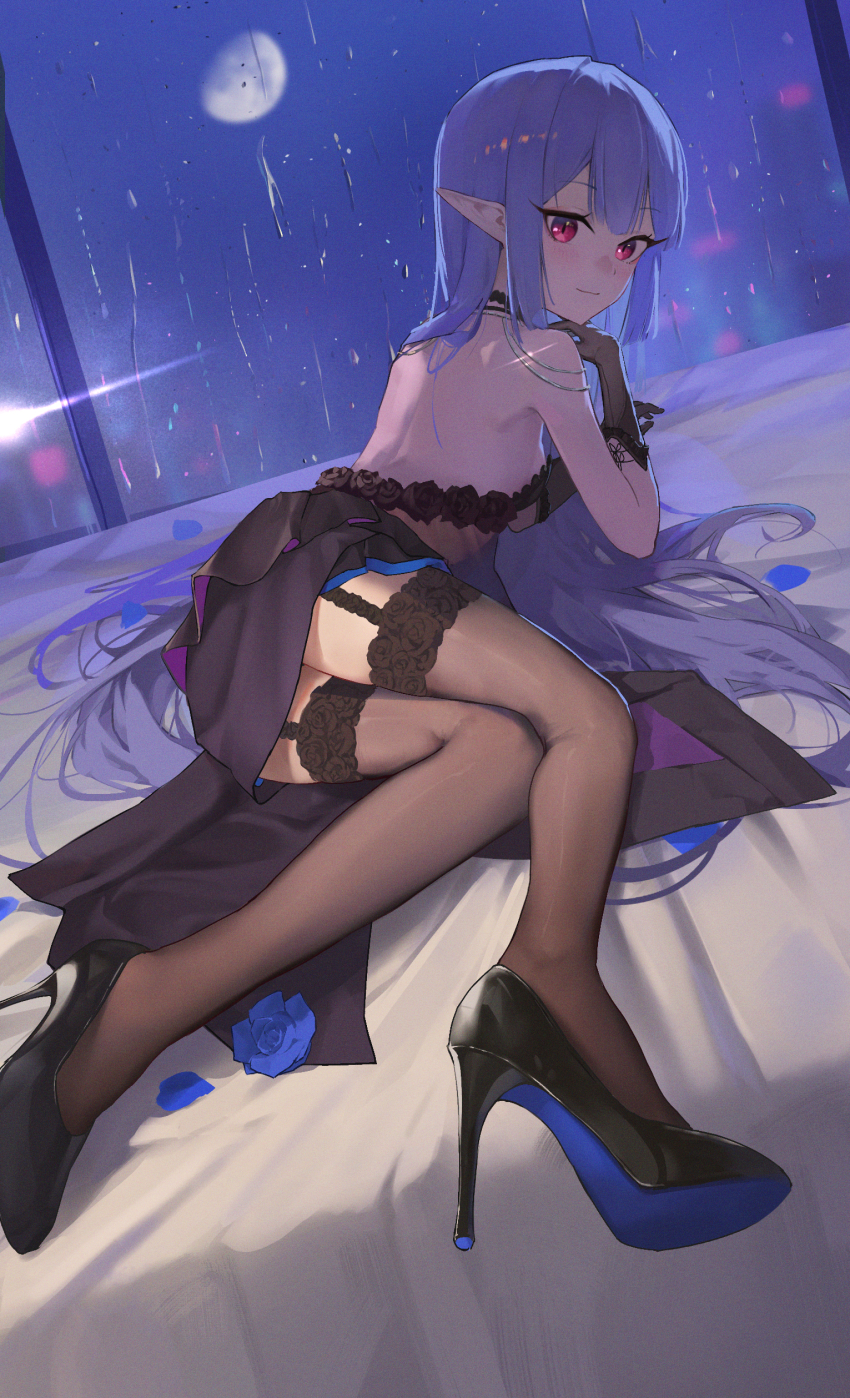 1girl 20cnanmin absurdres bare_back bed_sheet black_dress black_footwear black_gloves black_thighhighs blue_flower blue_hair blue_soles character_request chinese_commentary colored_shoe_soles commentary_request double-parted_bangs dress eyelashes floral_print flower foreshortening garter_straps gibbous_moon gloves high_heels highres indoors light_blush light_smile long_hair looking_at_viewer looking_back lying moon on_bed original patent_heels pointy_ears pumps rain red_eyes shiny_footwear shoes sidelocks stiletto_heels thighhighs velvet_code very_long_hair water_drop window
