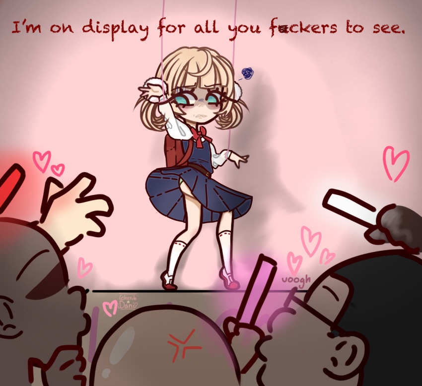 1girl 3boys age_difference ahoge backpack bag blonde_hair bow bowtie breasts dress female_focus green_eyes hair_ornament heart indie_virtual_youtuber loli long_sleeves looking_to_the_side multiple_boys on_stage panties pinafore_dress pleated_dress pom_pom_(clothes) pom_pom_hair_ornament puppet_strings randoseru red_bow red_bowtie school_uniform shigure_ui_(vtuber) shigure_ui_(vtuber)_(young) shirt shoes sleeveless sleeveless_dress socks standing text_focus two_side_up ugly_bastard underwear uwabaki virtual_youtuber white_panties white_shirt white_socks
