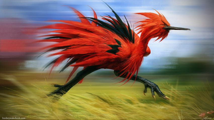 animal_focus artist_name bird bird_feet blurry blurry_background closed_mouth commentary cutting dated day depth_of_field english_commentary field flower full_body galarian_form galarian_zapdos gen_8_pokemon grass highres legendary_pokemon lindseywart motion_blur nintendo no_humans orange_eyes outdoors painterly pink_flower pokemon pokemon_(creature) realistic running signature smear_frame solo tall_grass tree watermark web_address