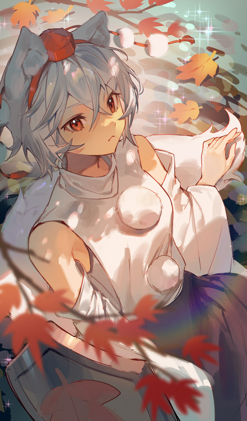 1girl absurdres animal_ears autumn_leaves black_hakama chinese_commentary commentary detached_sleeves ender_xiaohai hakama hat highres inubashiri_momiji japanese_clothes leaf looking_at_viewer maple_leaf red_eyes shield shirt sleeveless sleeveless_shirt solo tokin_hat touhou white_hair white_shirt wolf_ears wolf_girl