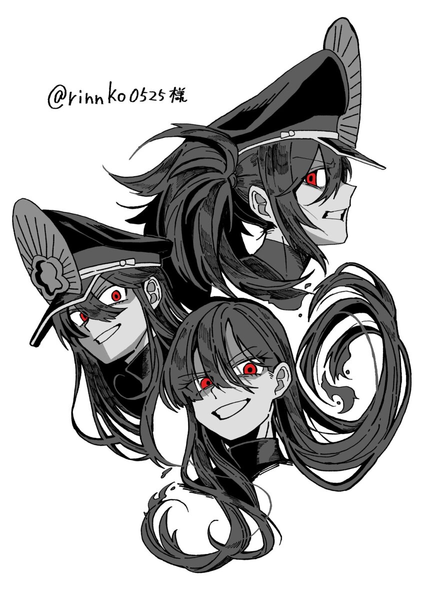 1other 2girls crest family_crest fate/grand_order fate_(series) fiery_hair goma1021 hair_between_eyes hat highres long_hair long_hair_between_eyes military_hat multiple_girls oda_kippoushi_(fate) oda_nobunaga_(fate) oda_nobunaga_(maou_avenger)_(fate) oda_uri peaked_cap red_eyes simple_background smirk white_background